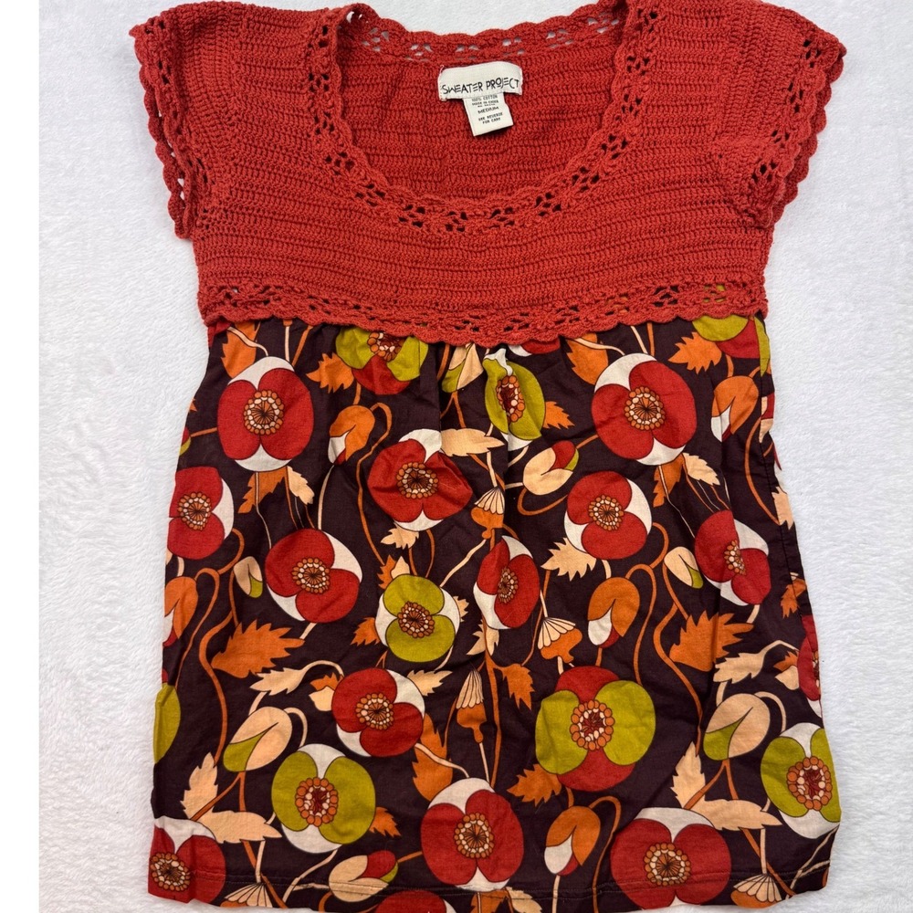 Sweater Project Womens Crochet Knit Floral Empire Waist Top Red Brown Medium